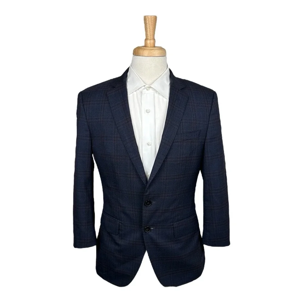 Hugo Boss Blue Maroon Checked Huge6/Genius4 Super 100s Wool Suit 36R 30X25